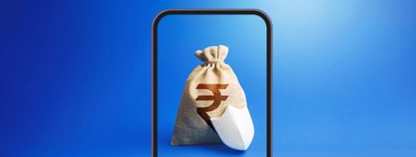 Smartphone screen with a currency sack symbolizing easy online access to IndusInd Bank's Digital Personal Loan for instant approval.
