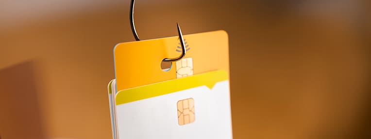 Credit cards on a fishhook symbolizing credit card fraud. Choose IndusInd Bank's secure cards for worry-free transactions.